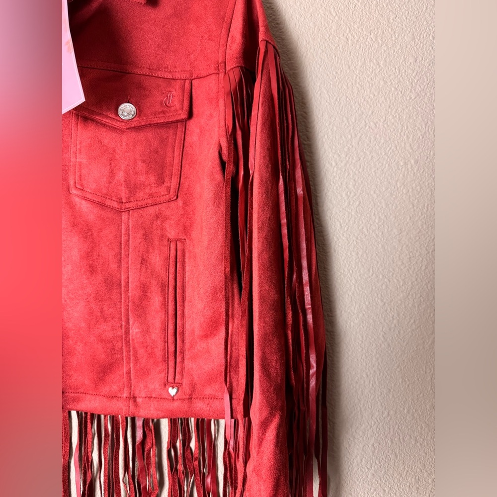 NWT JUICY COUTURE XS RUST ORANGE RED FRINGE TRUCKER JACKET - Picture 3 of 7